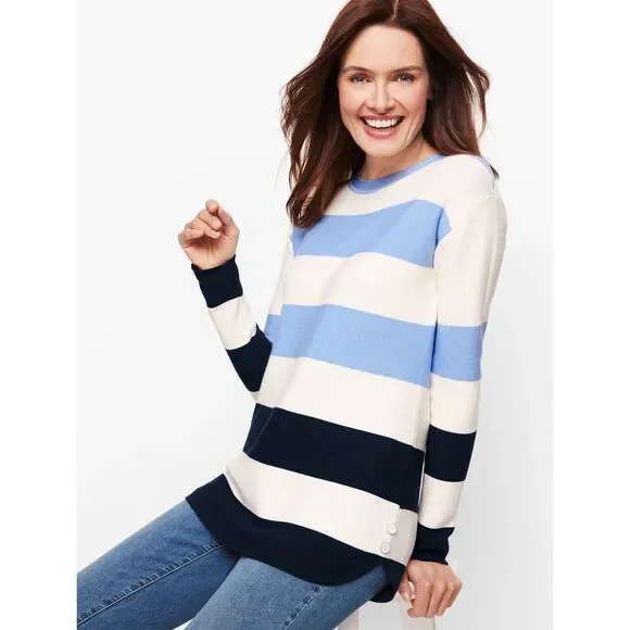 Talbots Button Detail Striped Sweater Women's SP Blue White Nautical Preppy - Picture 9 of 10